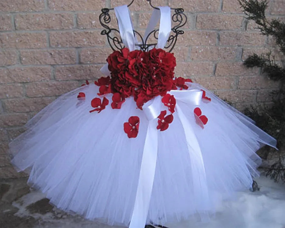 Girls White Tutu Dress Kids Tulle Dress with Red Petals Flower and Ribbon Bow Children Birthday Bridal Wedding Costume Dresses