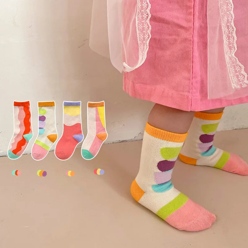 4 Pairs/lot Spring New Kids Socks Korean Cartoon Baby Boys Girls Cotton Socks 1-8Years Children Sports Socks