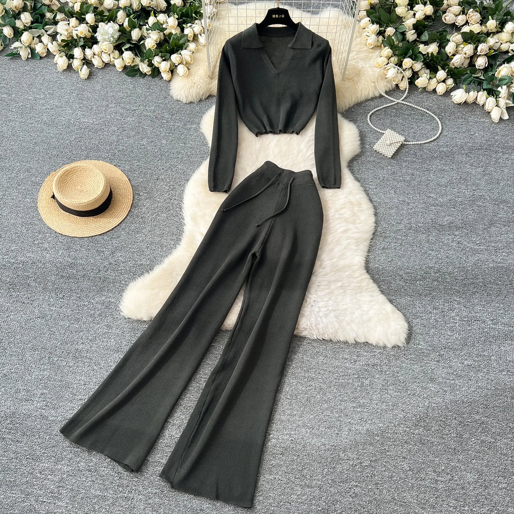 Fashion Sweater Set Women's Loose Casual Retro Lapel Short Long-sleeved Sweater Women's High-waisted Wide-leg Pants