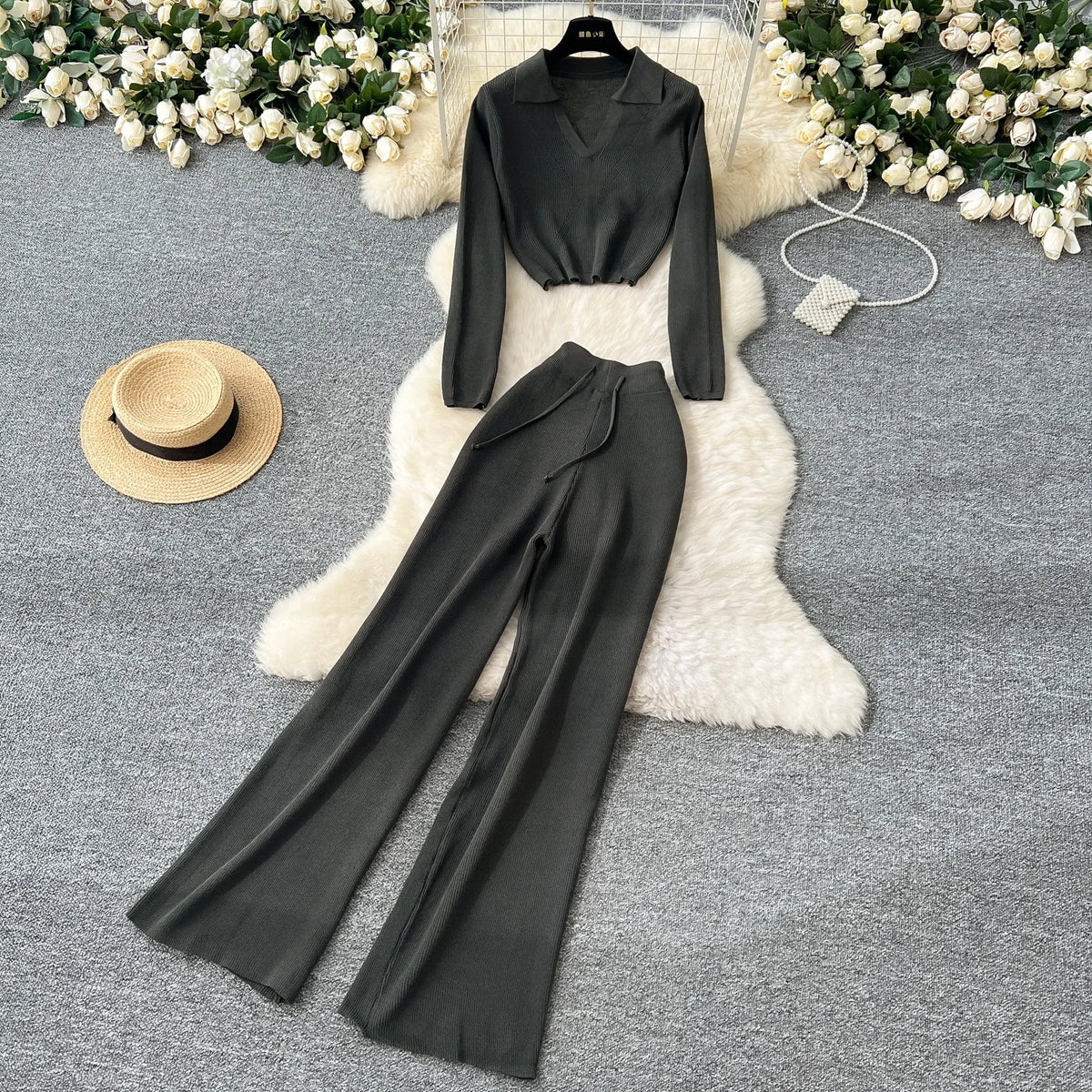 Fashion Sweater Set Women's Loose Casual Retro Lapel Short Long-sleeved Sweater Women's High-waisted Wide-leg Pants