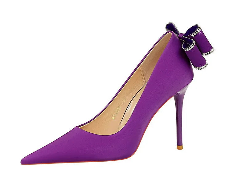 Designer Women's Pumps 20023 Satin Bow Shoes Female Sweet Stiletto Heels for Ladies
