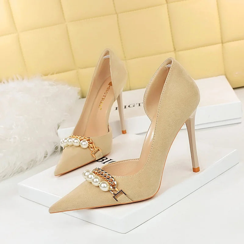 Banquet Pumps 2023 Chaussure Femme Pointed Toe Pearl Chain Shoes Women's Stiletto Heels for Ladies