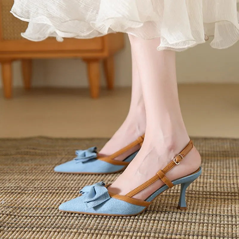 Korean Style Zapatos Luxury 2025 Slingback Fashion Shoes Pointed Heels Women's Pumps Para Damas Bow Thin Heels D'orsay Pumps PU