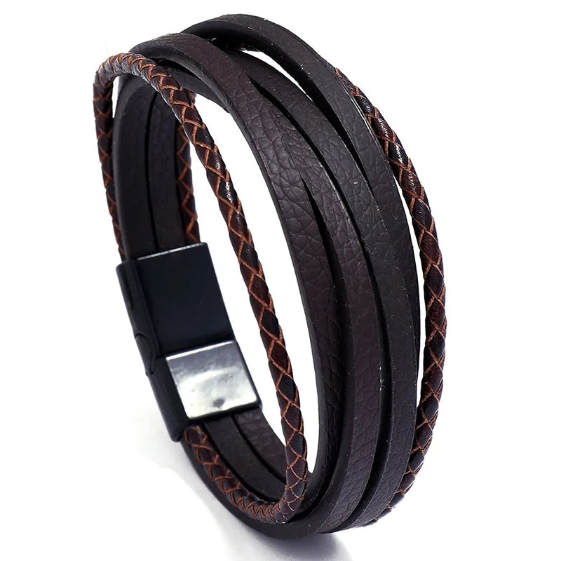 Genuine Leather Bracelet for Men Simple OL Style Man Bracelet Bangle Alloy Magnetic Clasp Wristband Hand Jewelry Bracelet Homme