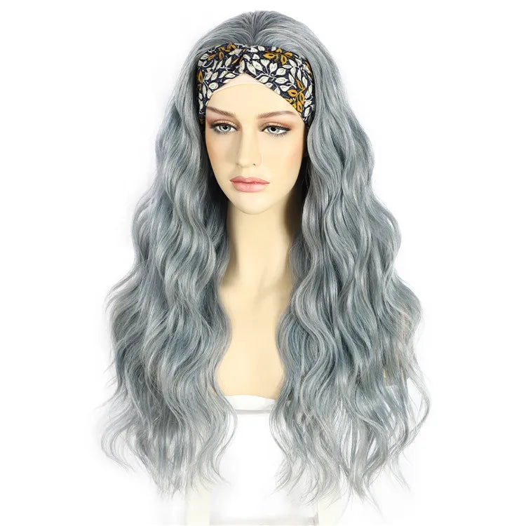 BeautyTown Natural Wavy 26inches Grey Blue Mix Highlight Glueless Headband Wigs Human Hair for Black Women