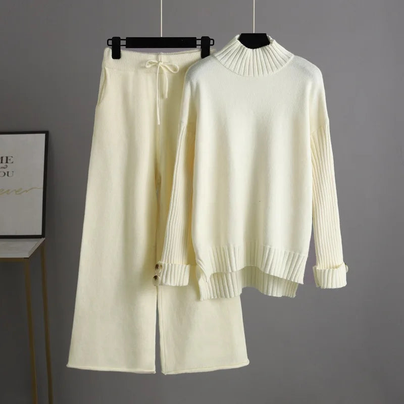 Boutique Wholesale 2026 Autumn Knitted Half High Neck Sweater Thickened Loose Leisure Pants Women's Set