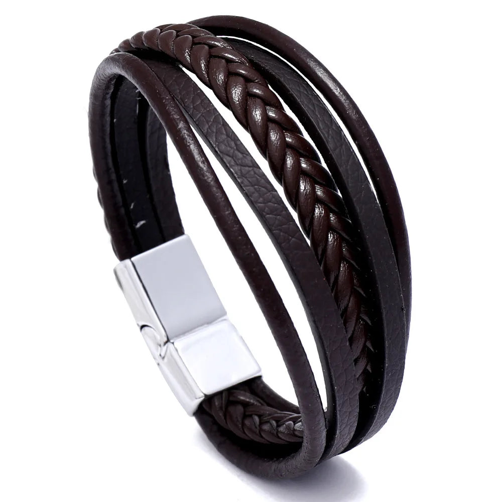 Genuine Leather Bracelet for Men Simple OL Style Man Bracelet Bangle Alloy Magnetic Clasp Wristband Hand Jewelry Bracelet Homme