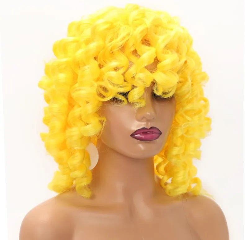 Synthetic  With Bangs Black Red Hair Shoulder Length Heat Resistant Fiber for Africa America Black Women  Afro Kinky Curly Wig