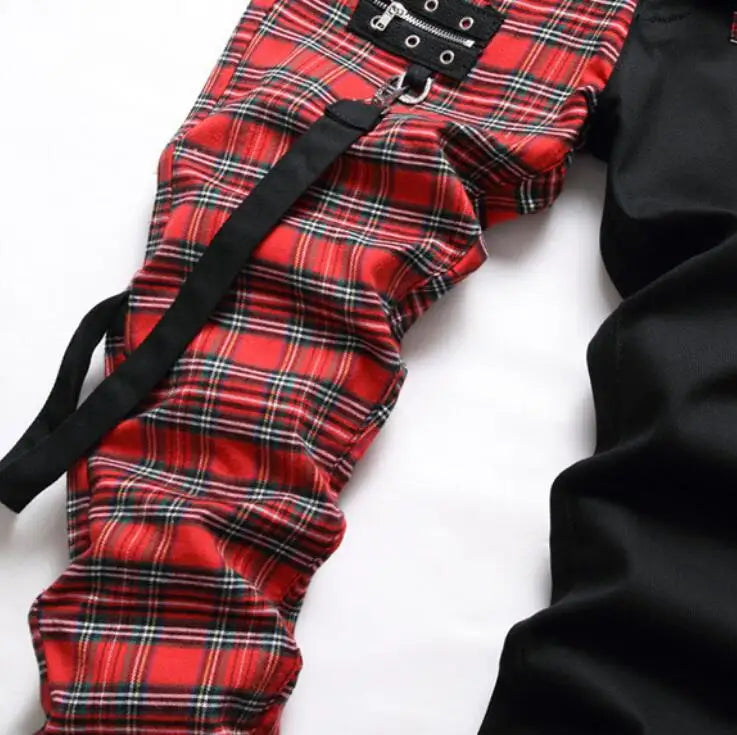 Korean Fashion Red Plaid Patchwork Punk Rivet Men Slim Jeans Trousers Skull Letters Print Hip Hop Chain Denim Pants