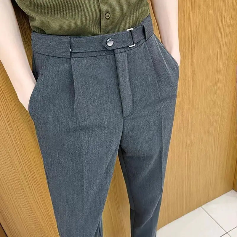 Men Casual Suit Pants Business Pockets Outdoor Button Zipper Casual Slim Suit Trousers British Style Long Pencil Cropped Pants