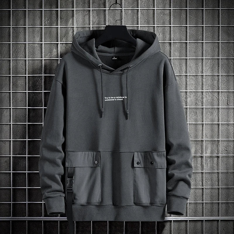 Black Mens Hooded Long Sleeve Pullover Cargo Pocket Streetwear