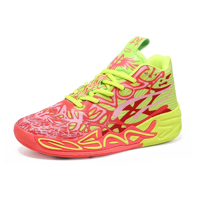 Men Professional Basketball Shoes High Top Athletic Sneakers Mesh Shock Absorption Blue Red Flame Graphic Training Footwear