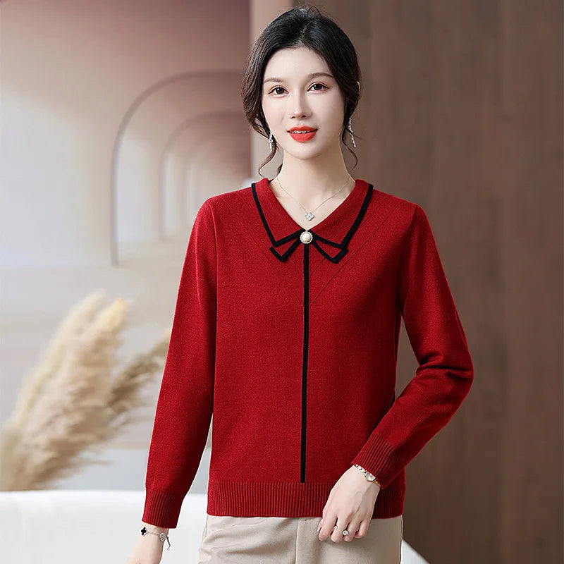 Fashion Lady Slash Collar Long Sleeve Elegant Sweater Shirt
