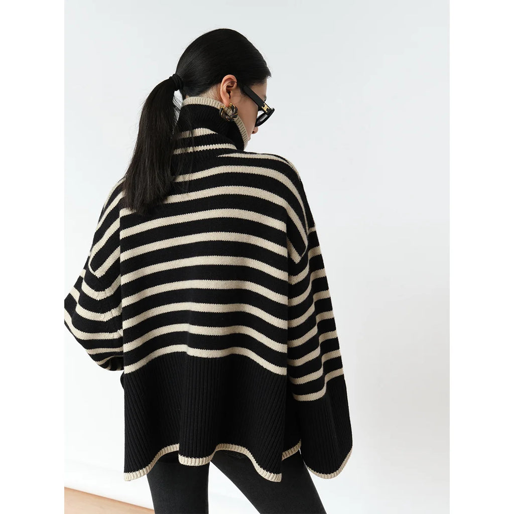 Striped High Neck Sweater for Women's New Autumn Loose Design Sense Knitted Shirt Color Matching Pullover Sweater