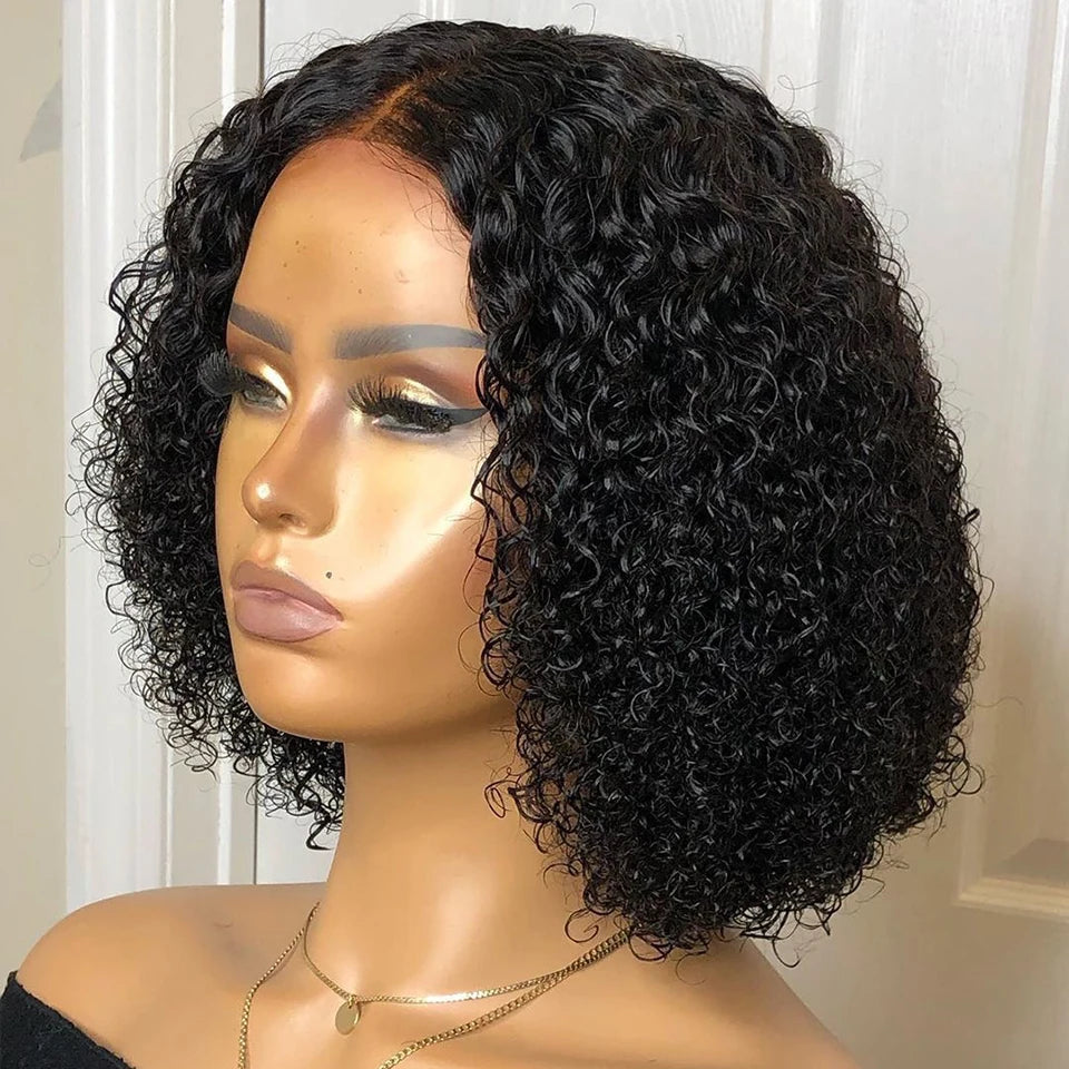 Ainizi Wholesale Price 12 '' Black Short bob Kinky Curly Middle Part T Part Lace Front Synthetic Hair Wigs for Women