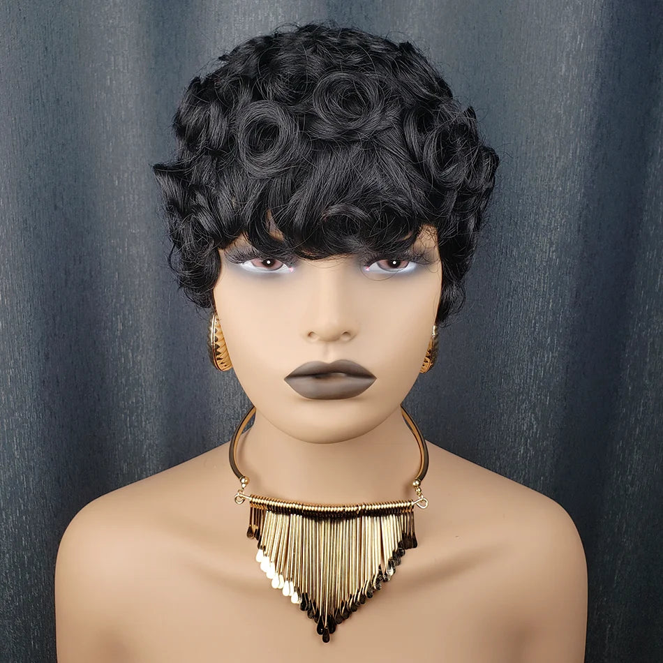 Pixie Cut Short Bob Wig for Black Women 100% Brazilian Human Hair  Made Wigs Glueless Natural Black Color Curly Human Hair