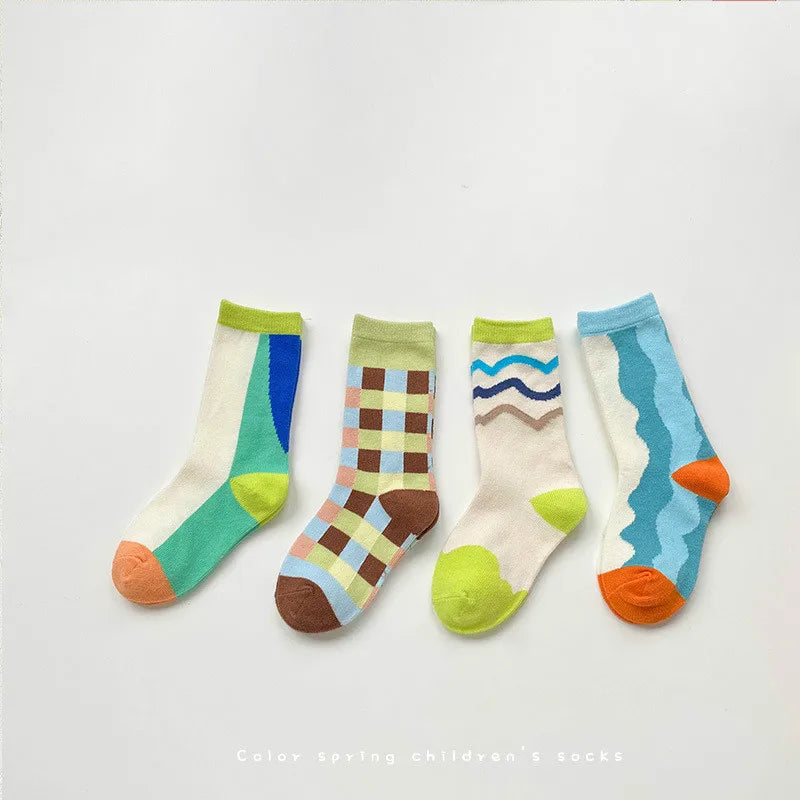 4 Pairs/lot Spring New Kids Socks Korean Cartoon Baby Boys Girls Cotton Socks 1-8Years Children Sports Socks