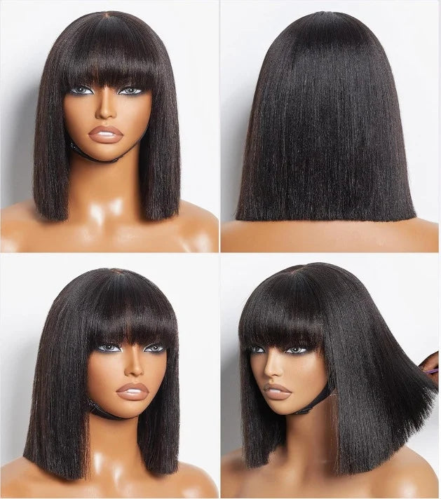 10 Inch Yaki Kinky Straight Hair Wigs High Quality Short Natural Layered Bob Heat Resistant Glueless Synthetic Hair Wig