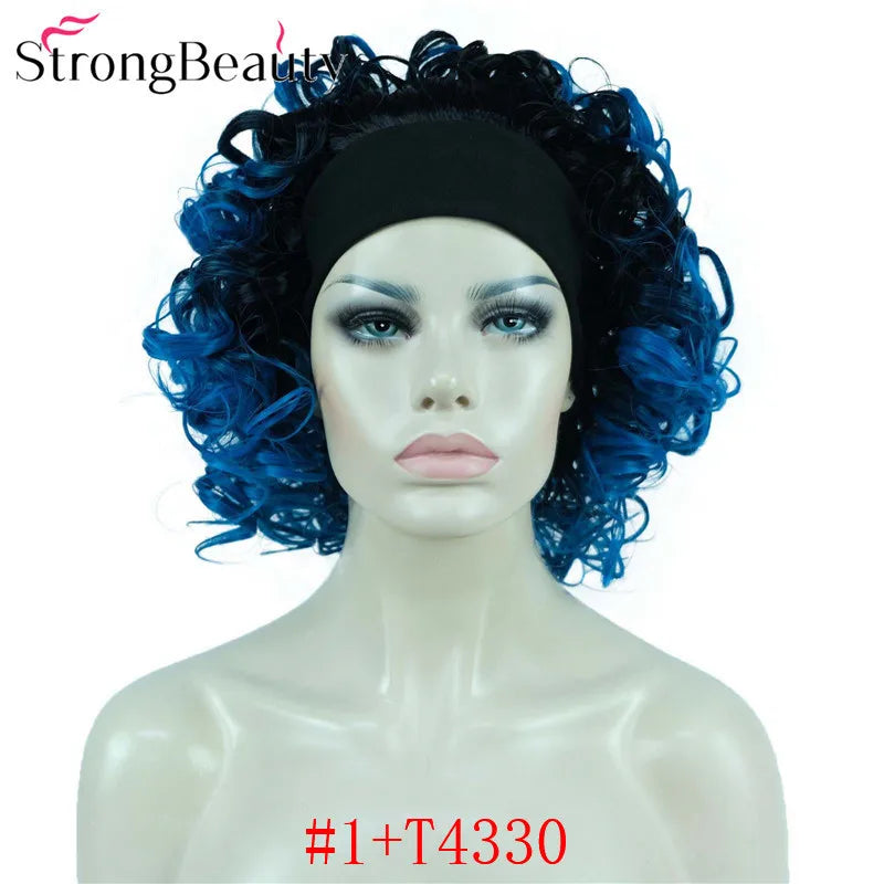 StrongBeauty Short Curly Synthetic Wigs with Headband Women Blue/Gray/Black/Red/Blonde/Brown Wigs 3/4 Half Wig for Lady
