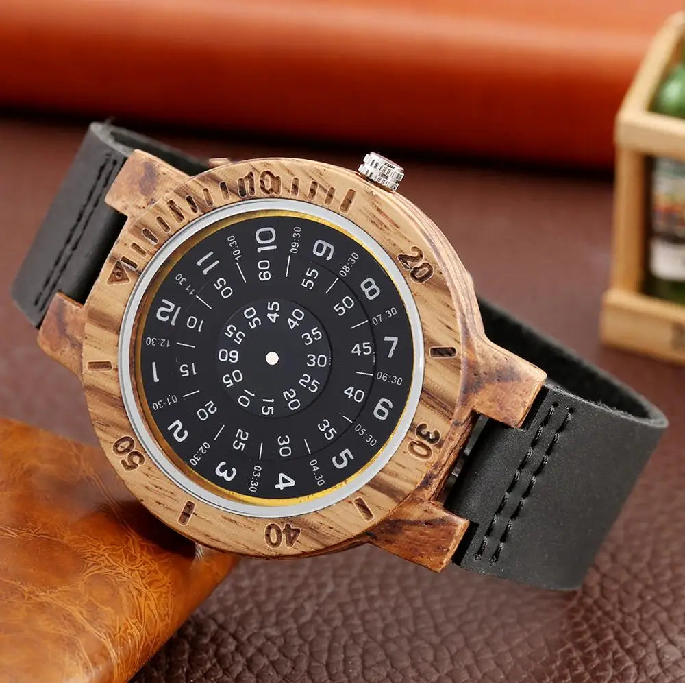 Men's Watches Unique Turntable Dial Watch Special Number Dial Wooden Watch Quartz Clock Male Unisex Leather Band Relojes Hombre