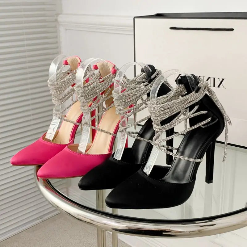 Sandalias De Damas Fancy Closed Toe Designer Strappy Lace up High Heels Shoes with Straps