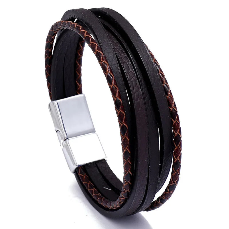 Genuine Leather Bracelet for Men Simple OL Style Man Bracelet Bangle Alloy Magnetic Clasp Wristband Hand Jewelry Bracelet Homme