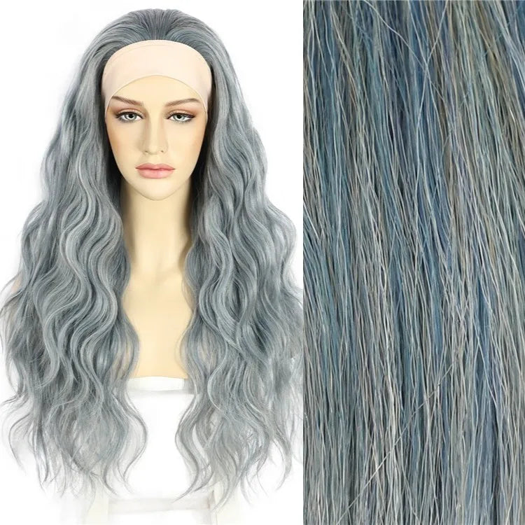 BeautyTown Natural Wavy 26inches Grey Blue Mix Highlight Glueless Headband Wigs Human Hair for Black Women