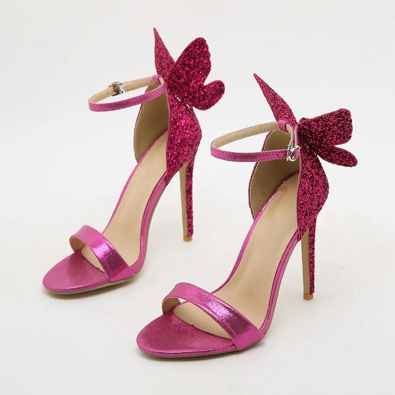 2025 New Design Butterfly Wings Talons Femmes Sandals Women Sexy Stiletto Party Dress Open Toe Buckle Shoes Lady High Heels
