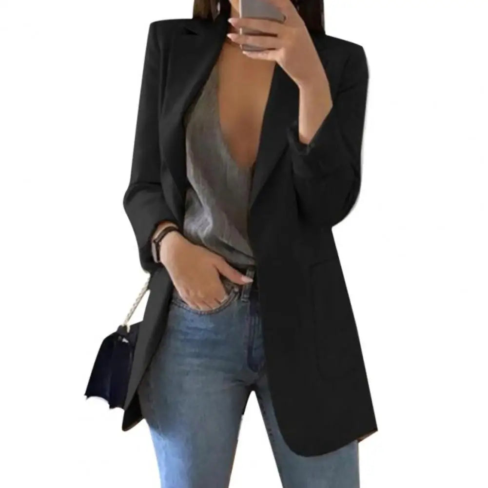 Summer Women Jacket Lapel All match Open Front Stylish Office Lady Slim Suit Overcoat Solid Color Long Blazer