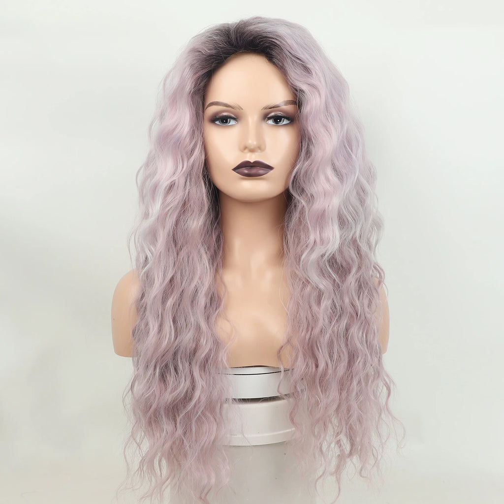 Wholesale Factory Long Women's Wigs  Lavender Silver Ombre  Natural Wavy  Dark Hair Roots Women's Synthetic Cosplay Hair Wigs