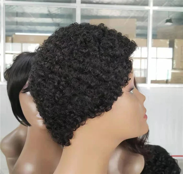 Short Afro Kinky Curly Human Hair Wigs for Black Women Wigs Black Color None Lace Machine Made Wigs