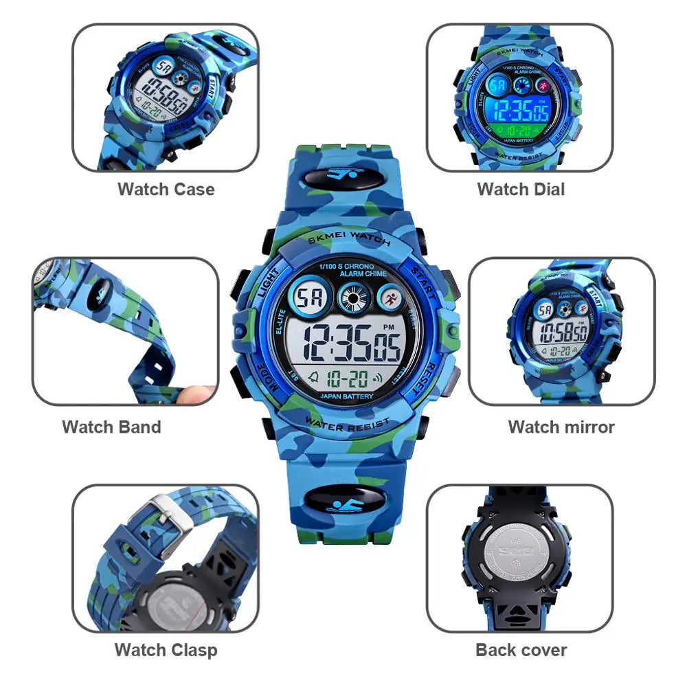 SKMEI Children LED Electronic Digital Watch Stop Watch Clock 2 Time Kids Sport Watches 50M Waterproof Wristwatch For Boys Girls