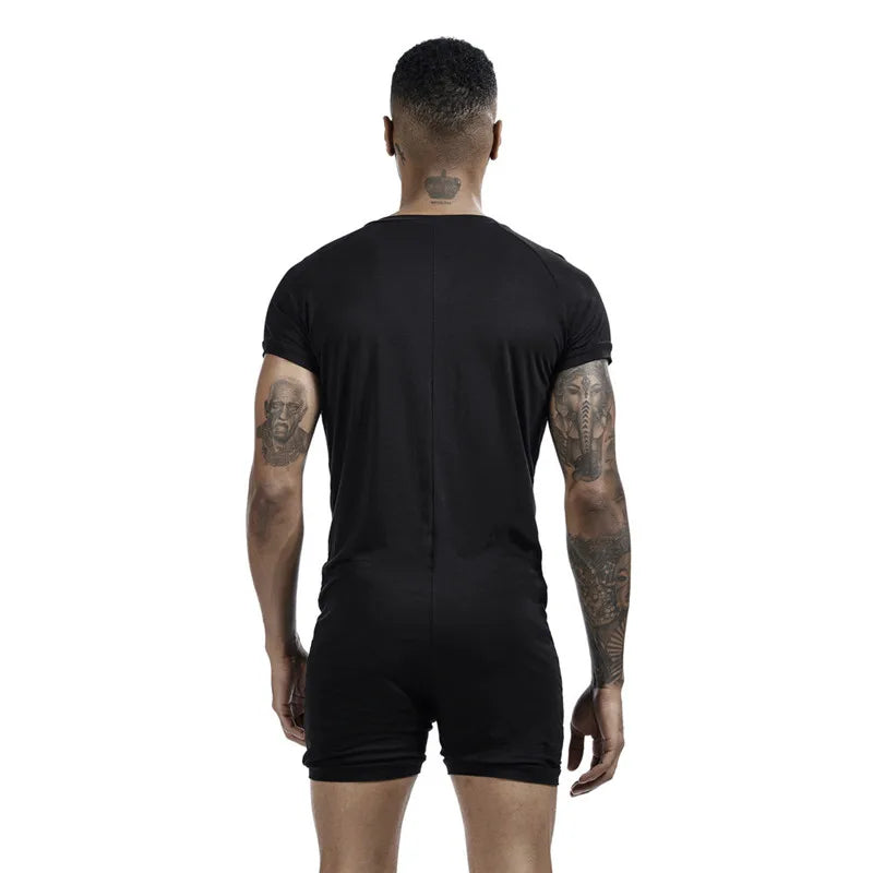 Men's Comfortable Solid Color One-Piece Pajamas with Snap Buttons Super Elastic Sleepwear Jumpsuit for Home