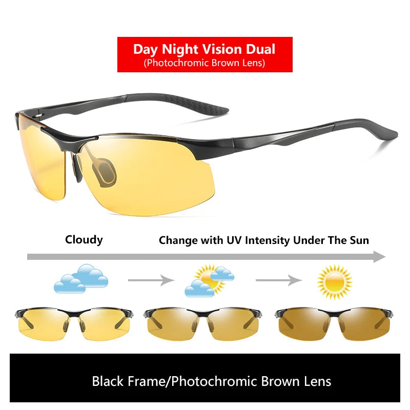 Sunglasses For Men Fashion Day Glasses For Night Vision Photochromic Outdoor Driving Rimless Male Polarized UV400 Lens VT2173