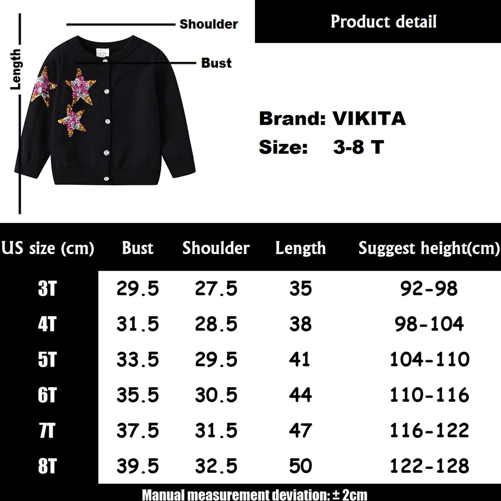 VIKITA Kids Autumn Knitted Cardigan Sweaters Girls Christmas Sweaters Kids Star Sequins Shiny Outwear Clothes Children Clothing
