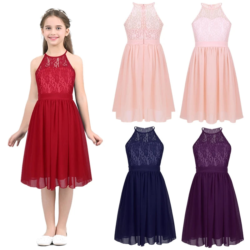 Kid Flower Girls Dress for Birthday Wedding Evening Children Halter Neck Lace Chiffon Princess Formal Party Kids Dress For Girls