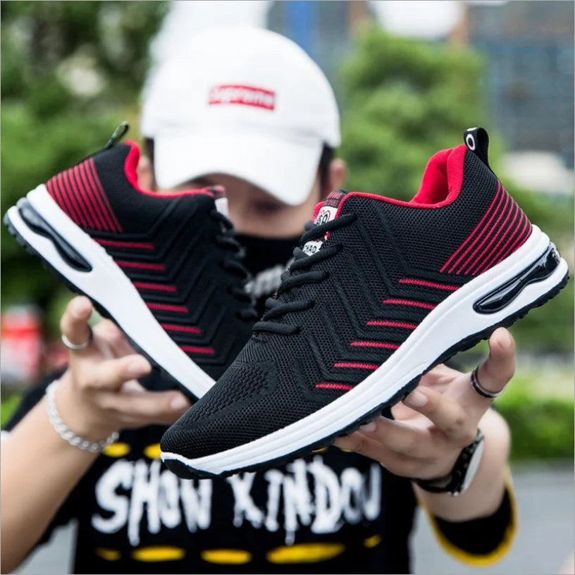 Men's Court Sneakers Sports Casual Flat Shoes for Cushion Breathable Lightweight Plastic Outsole Flying Woven Fabric Upper for