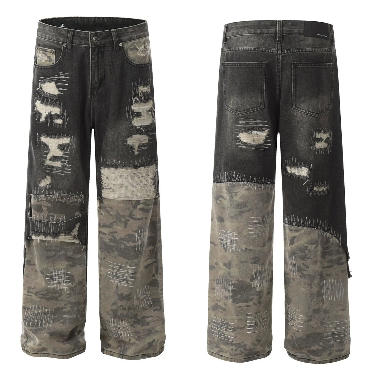 Ohsisa 2025 Trendy Men's Street Heavy Industry Denim Trousers High Old Design Patchwork Washed Technique for Men Women