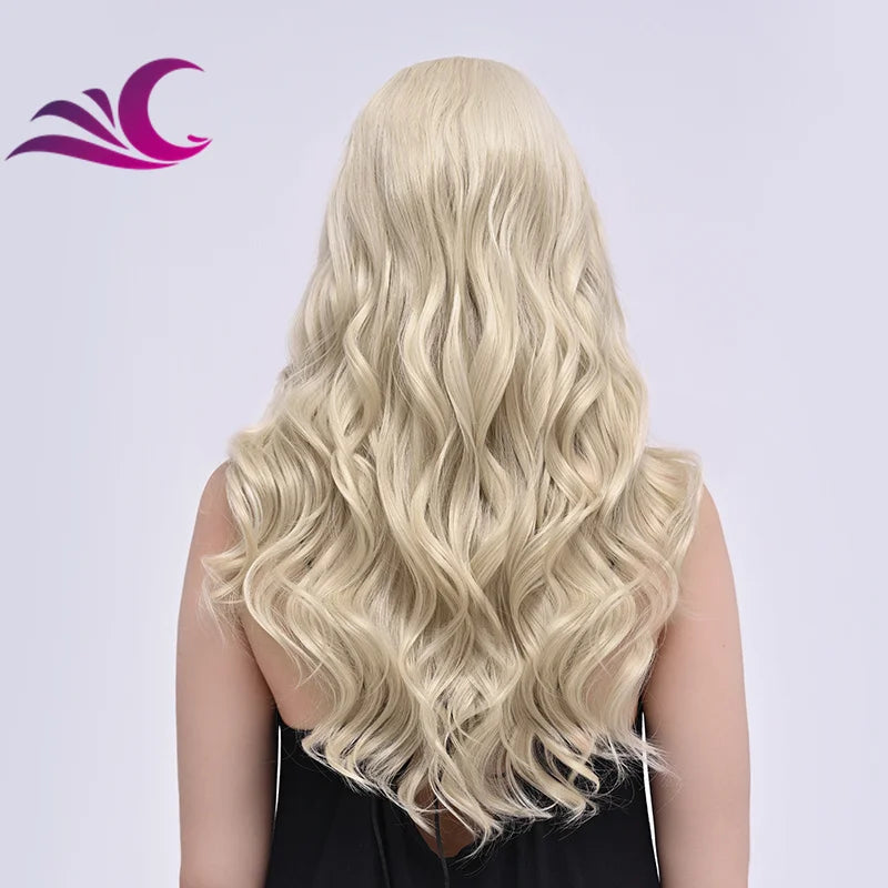 Highlight Mix Ice Blonde Ombre Colorful Middle Part Wig Long Wavy Pre-Plucked Synthetic Lace Front Wig