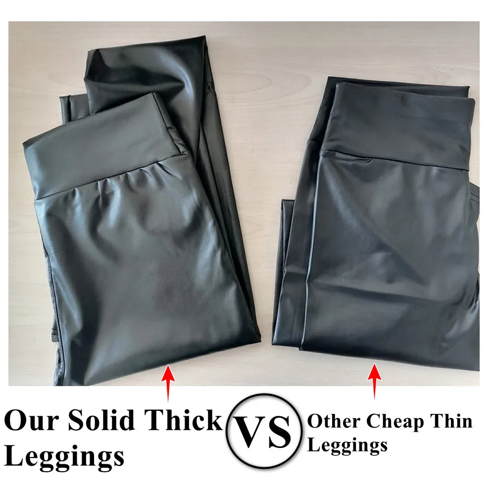 Women's Pleather Leggings Sexy High Waist Lace Up Pu Leather Leggings Pants Butt Lifting  Black Stretchy