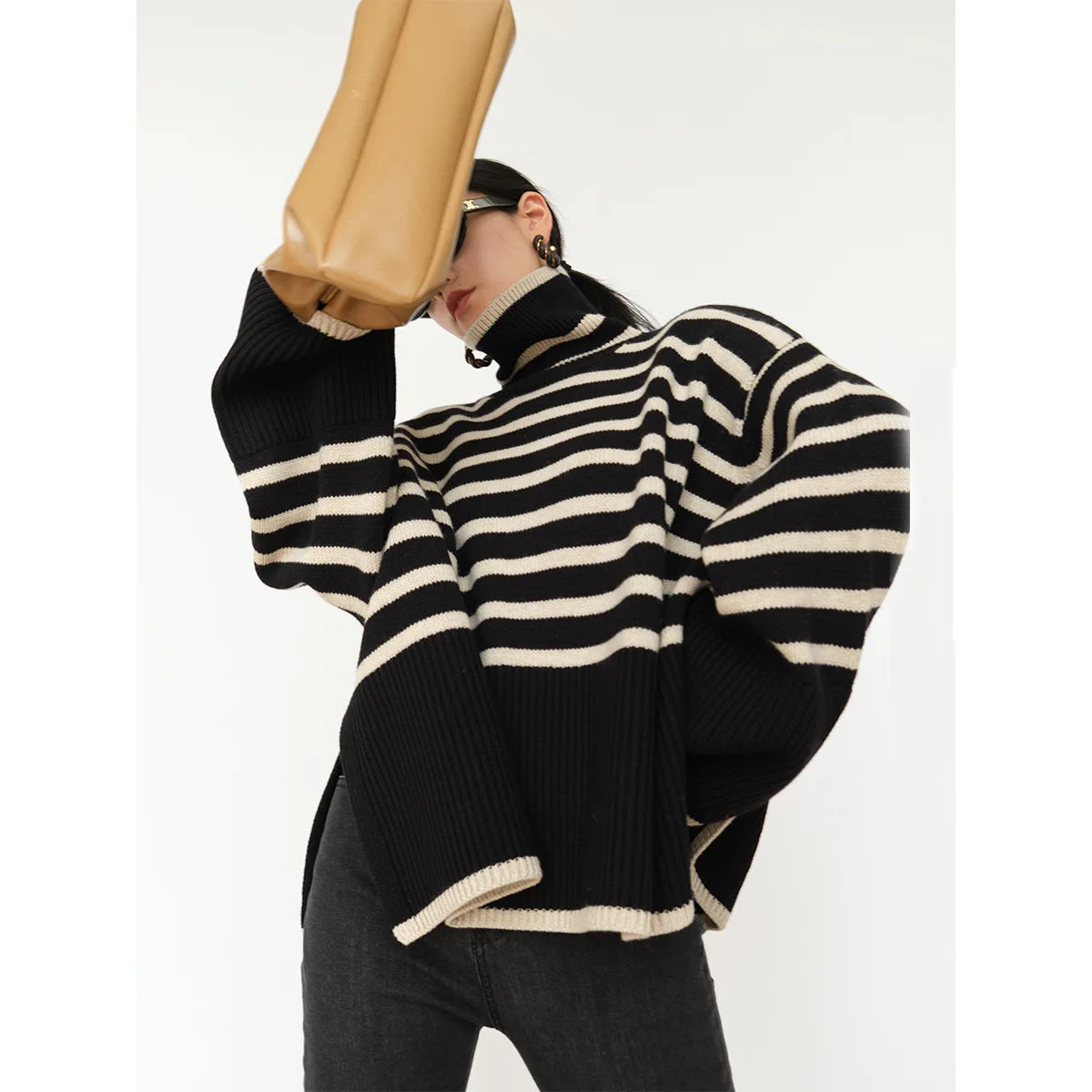 Striped High Neck Sweater for Women's New Autumn Loose Design Sense Knitted Shirt Color Matching Pullover Sweater