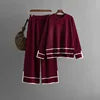Women's Knitting Two-piece Suit Round Neck Long-sleeved Split Top+long-pants Sweater Two-piece Sets