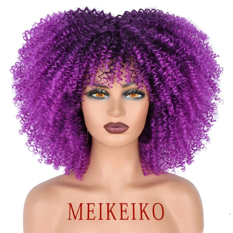 Short Hair Afro Kinky Curly Wigs With Bangs African Synthetic Ombre Glueless Cosplay Wigs for Black Women High Temperature