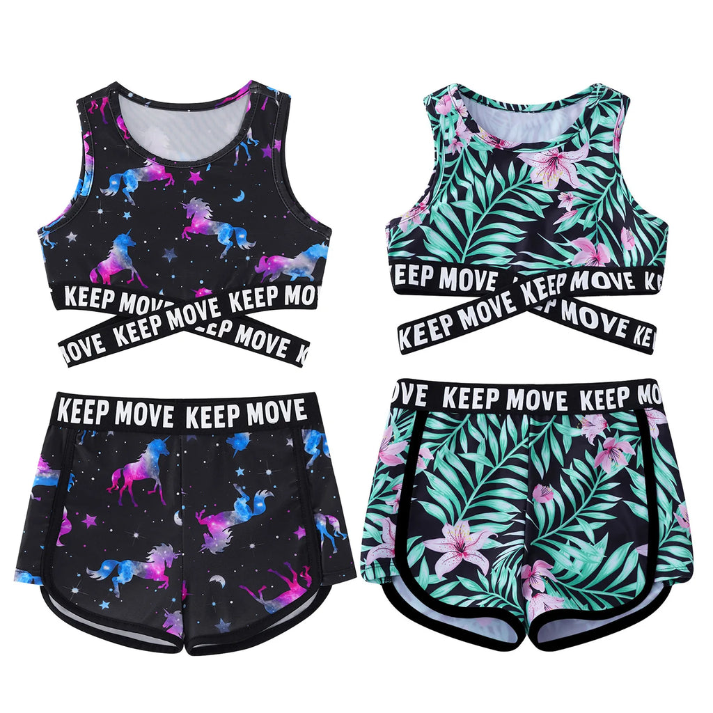 Kid Girls 2PCS Bikini Sets Swimwear Children Swimsuit Bathing Beachwear Costumes Round Neck Sleeveless Crop Tops with Shorts