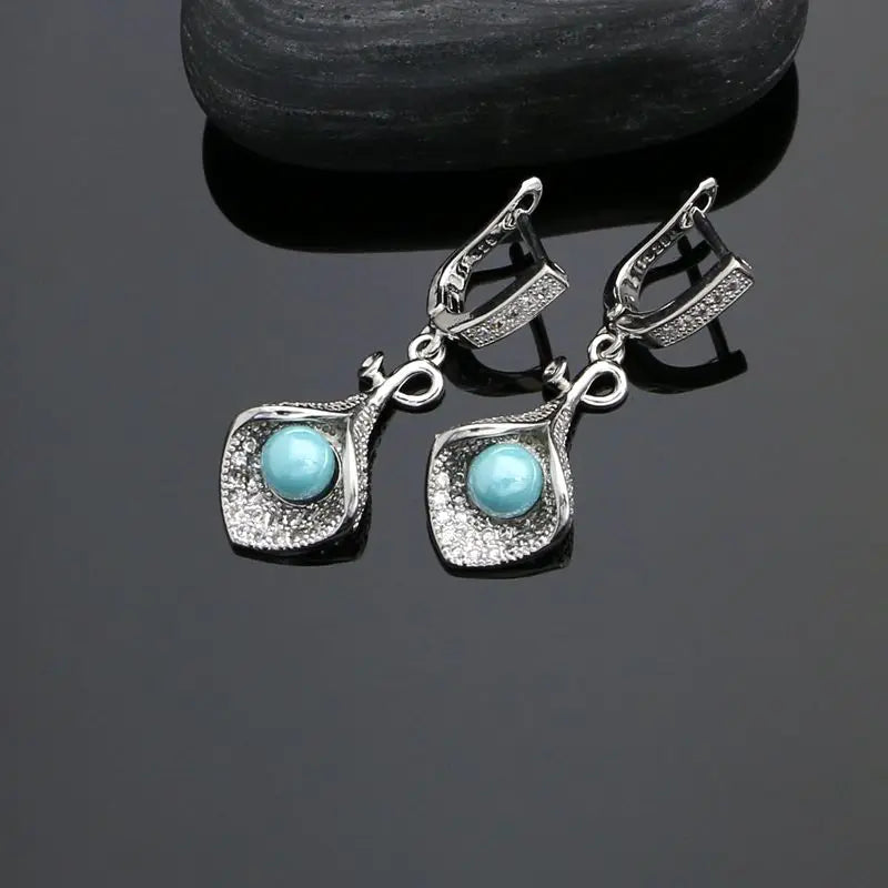 925 Silver Jewelry Sets For Women Party Accessories Blue Pearl Beads White Crystal Earrings Necklace Peandant Ring Set