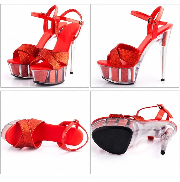 Red 15cm Pole Dance Transparent Crystal Bottom High Heels Summer Leaky Toe Platform Striptease Shoes Women's Large Sandals