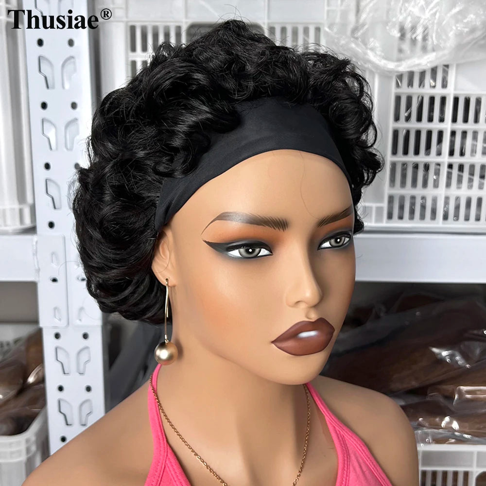 Short Curly Glueless Headband Half Wig None Lace Front Machine Made Raw Virgin Human Hair Wigs Wear and Go