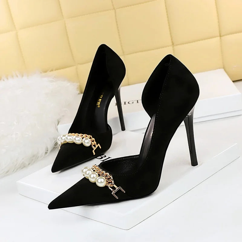 Banquet Pumps 2023 Chaussure Femme Pointed Toe Pearl Chain Shoes Women's Stiletto Heels for Ladies