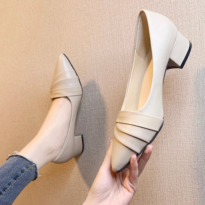 Women's Business square Heel Shoes Pointed Thick Heel Small Leather Shoes Four Seasons Elegant Formal Fashion High Heels
