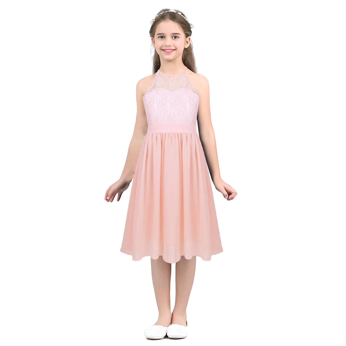 Kid Flower Girls Dress for Birthday Wedding Evening Children Halter Neck Lace Chiffon Princess Formal Party Kids Dress For Girls